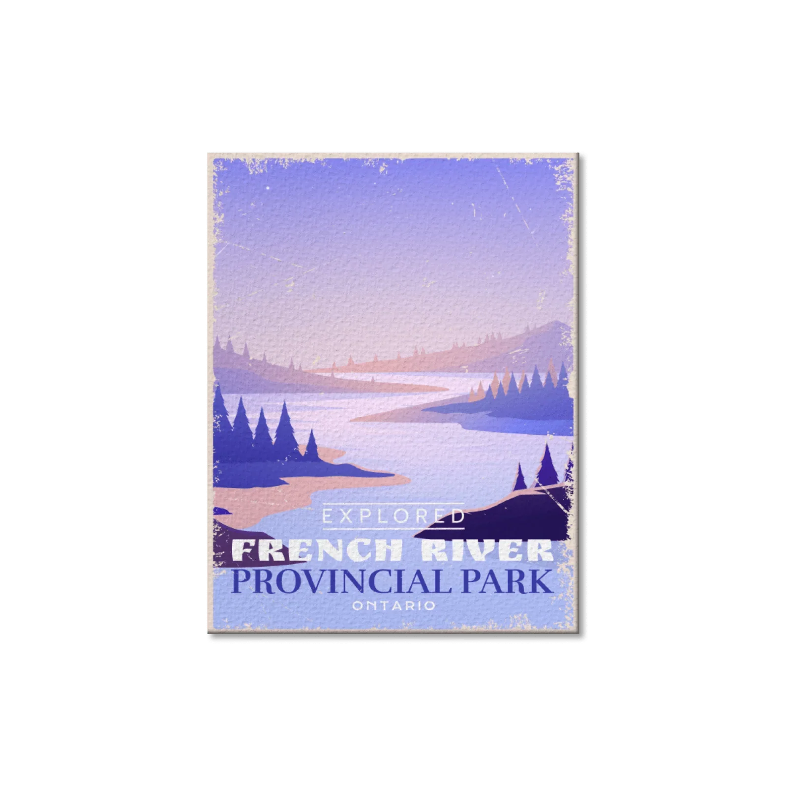 French River Ontario Provincial Park postcard with river, pine trees, and pastel landscape