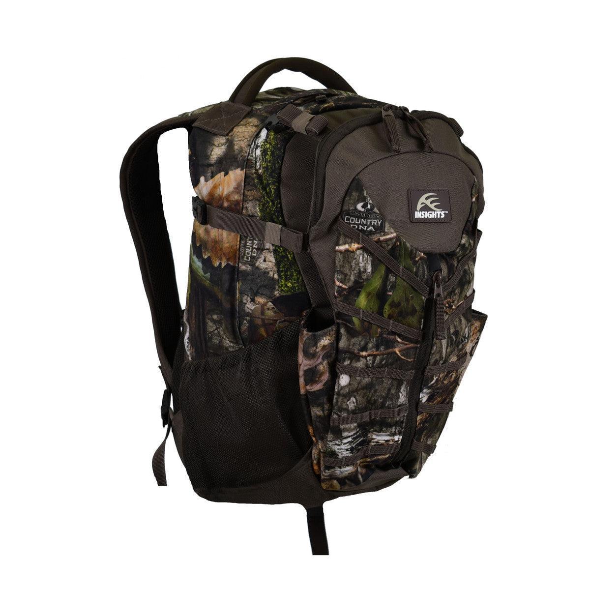Camo backpack with mesh side pockets and INSIGHTS logo, lightweight outdoor gear