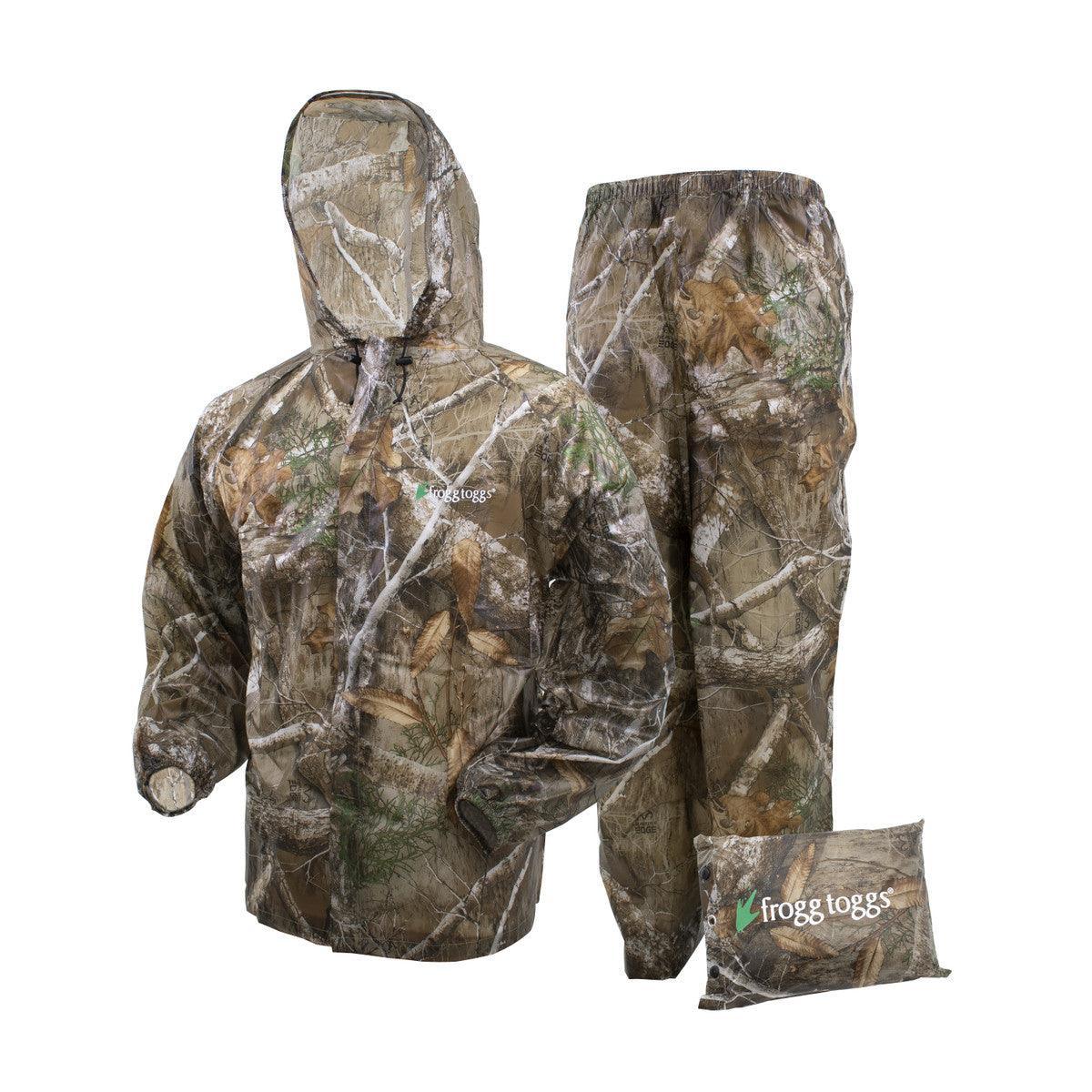 Frogg Toggs Ultra Lite2 camouflage rain suit with hood, pants, and carry pouch