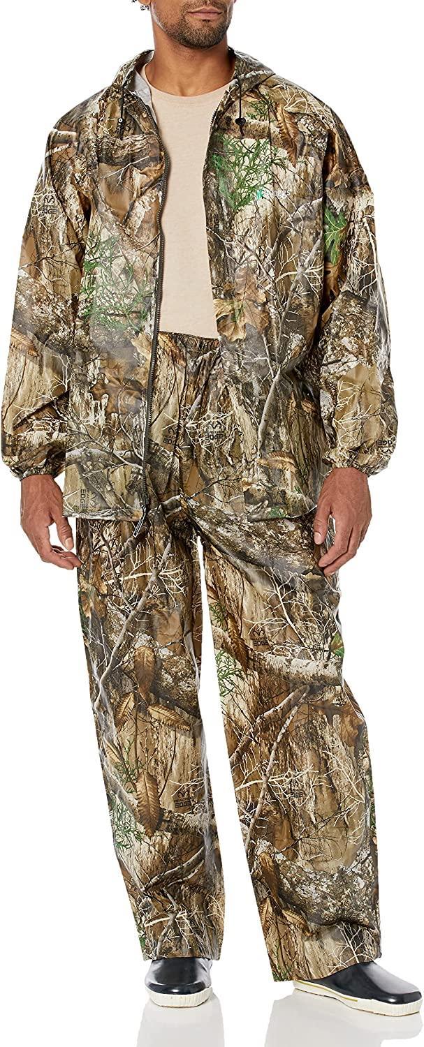 Man wearing Frogg Toggs Ultra Lite2 camouflage rain suit with jacket and pants