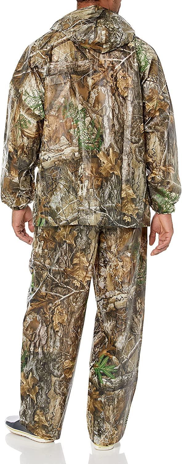 Person wearing Frogg Toggs Ultra-Lite2 camouflage rain suit, back view, outdoor gear