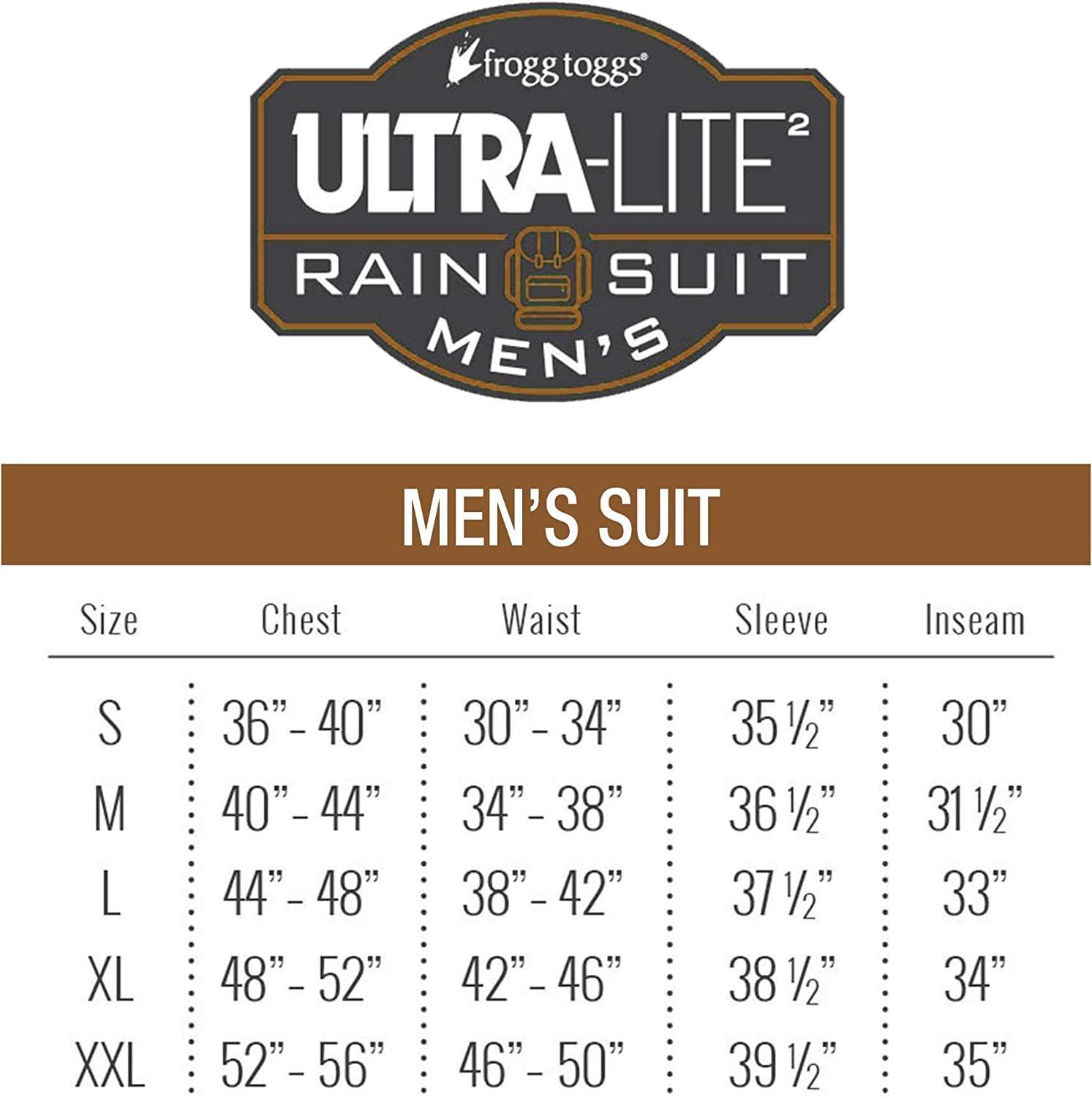 Frogg Toggs Ultra-Lite2 men's rain suit size chart with chest, waist, sleeve, inseam info.