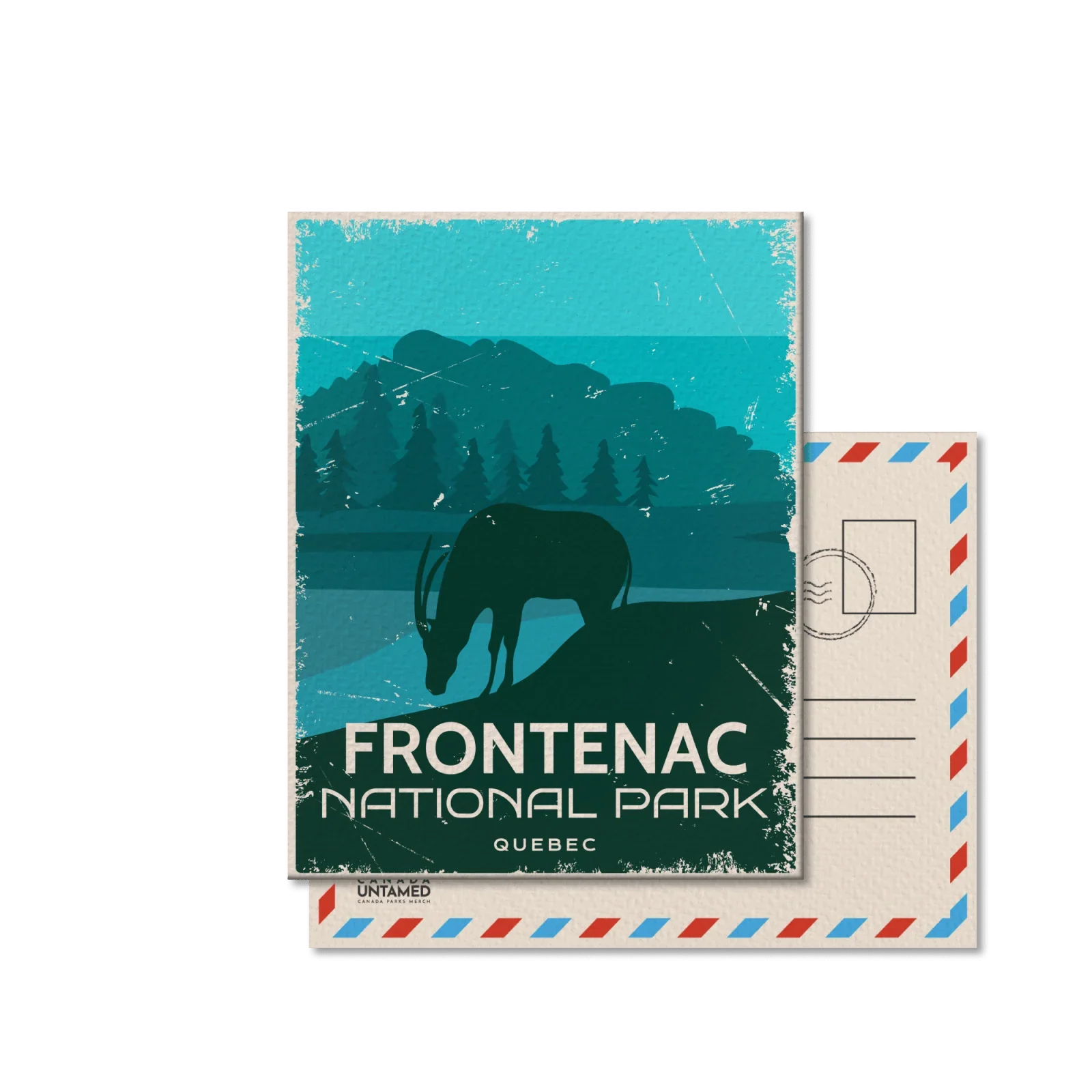 Vintage Frontenac National Park Quebec postcard with animal silhouette and pine trees