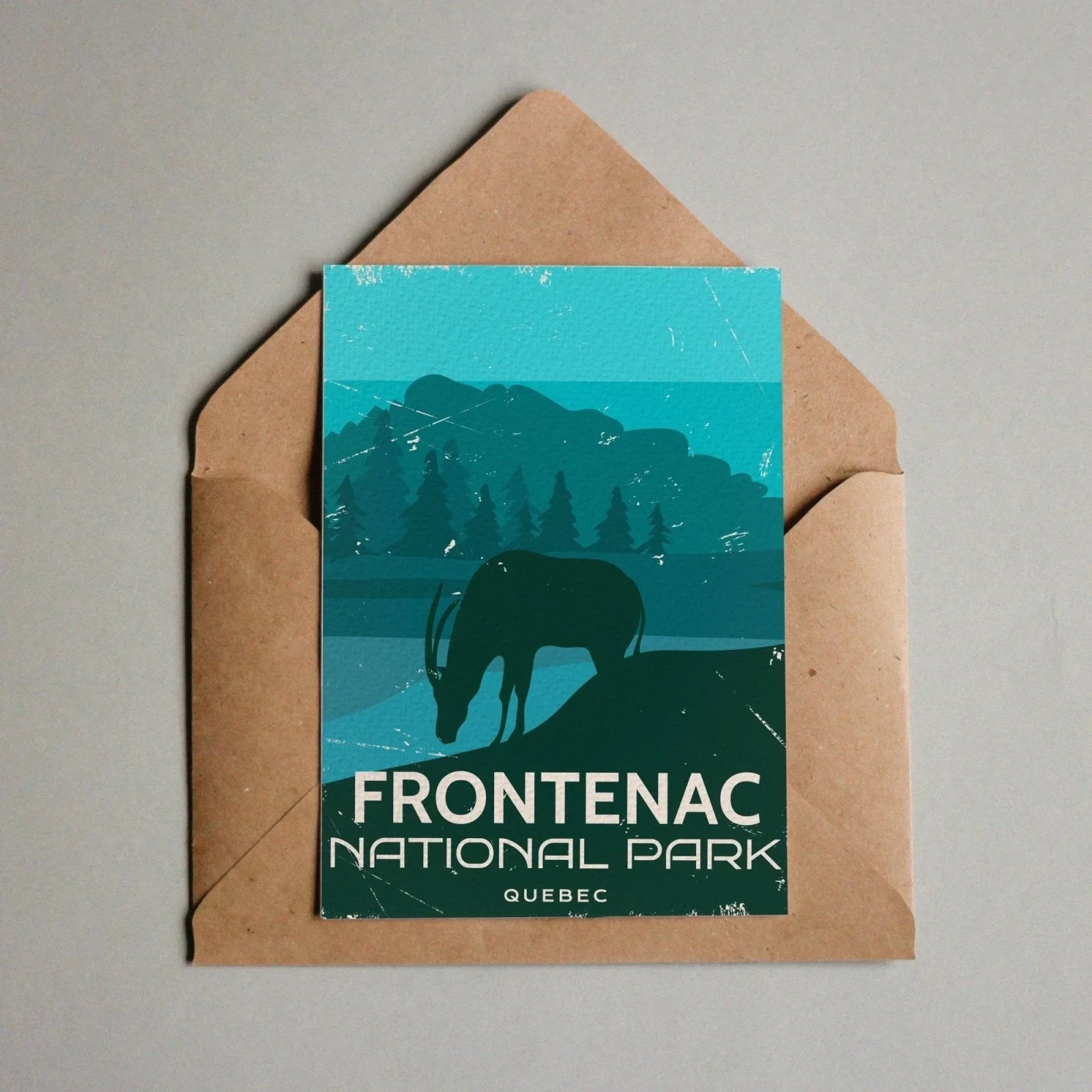 Frontenac National Park Quebec postcard with deer silhouette, forest and mountains in envelope