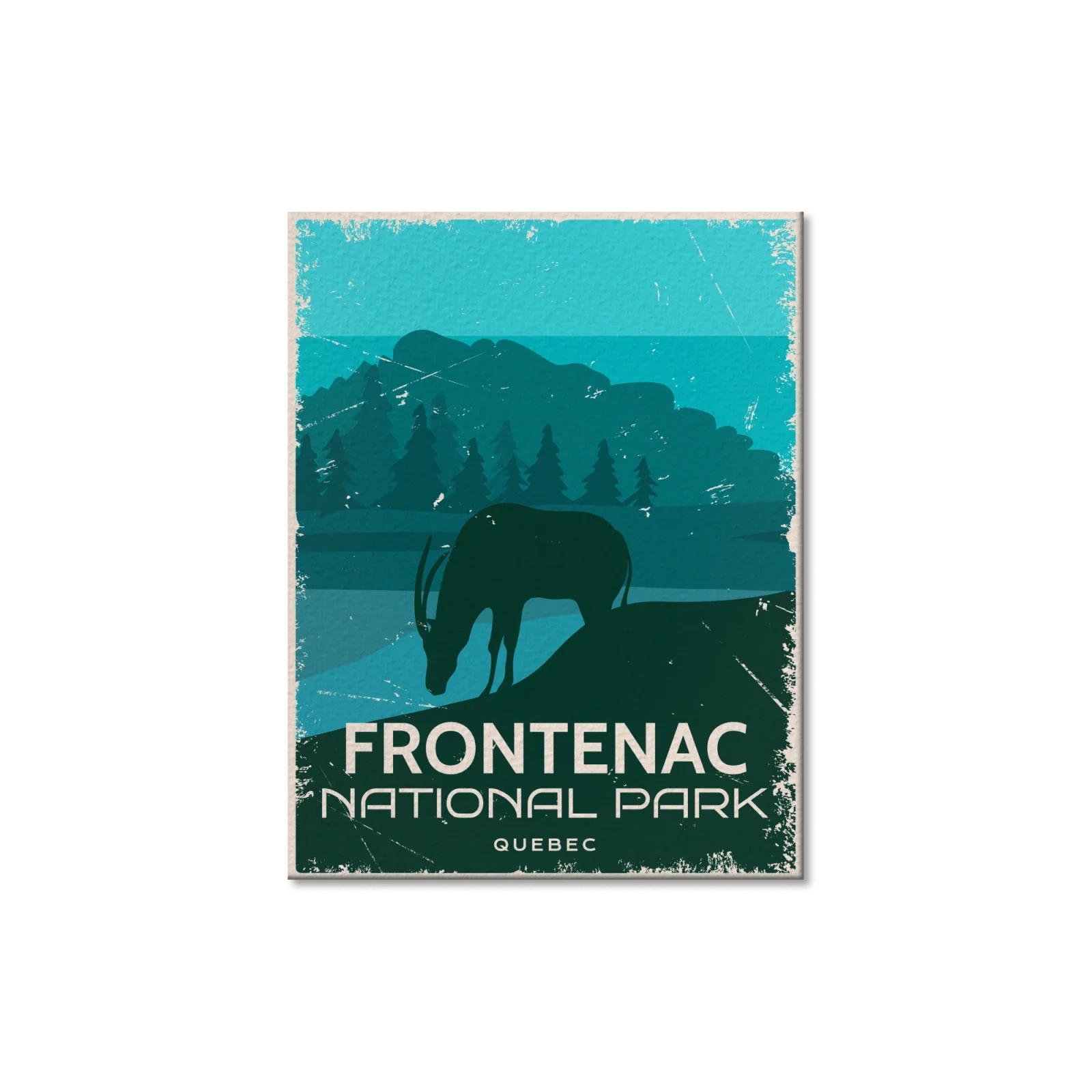 Frontenac National Park Quebec postcard with animal silhouette, mountains, and pine trees