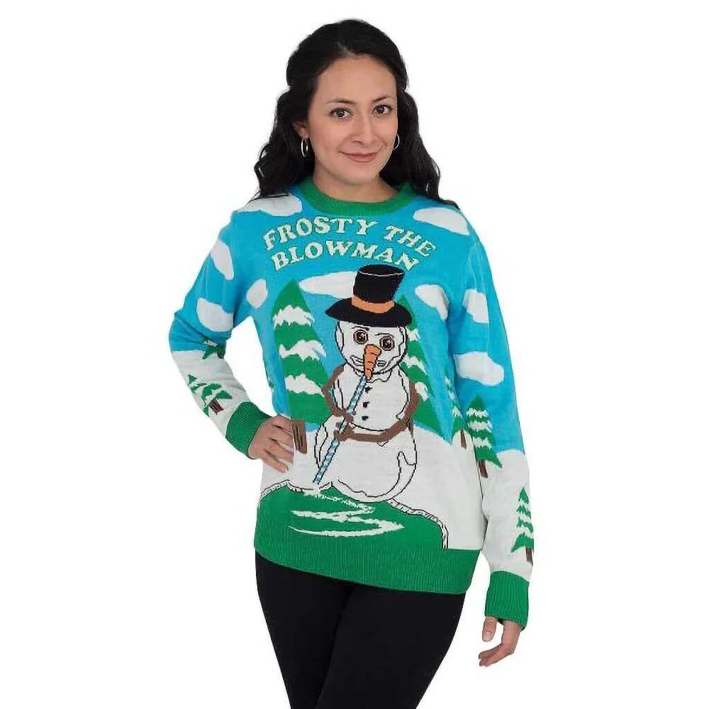 Woman wearing Frosty the Blowman snowman ugly Christmas sweater with blue snowy background