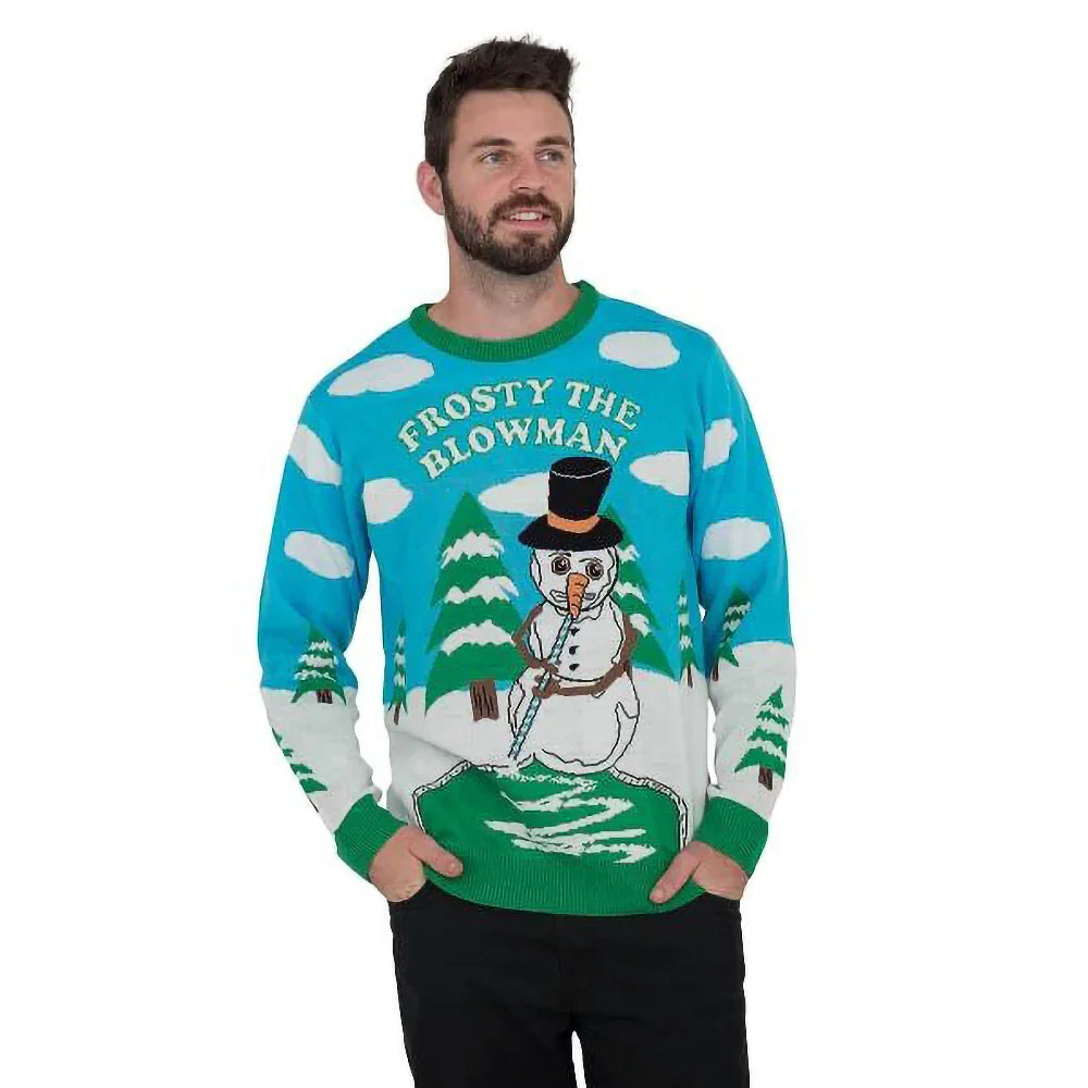 Man wearing Frosty the Blowman ugly Christmas sweater with snowman and winter scene