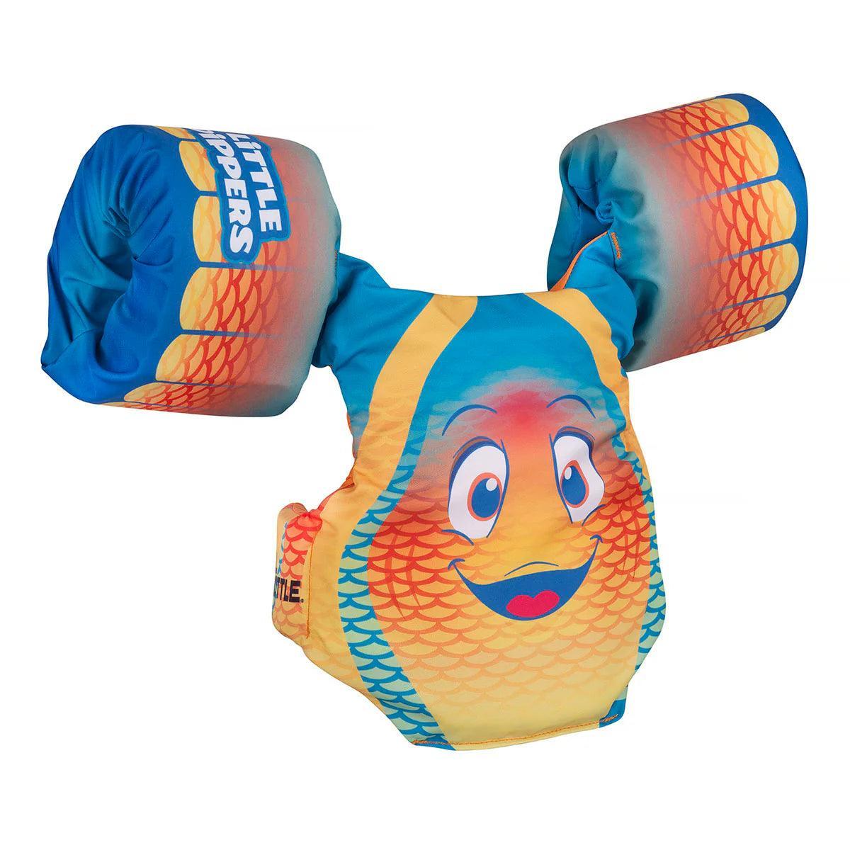 Children's fish-themed life jacket with cartoon face and blue, orange, yellow colors