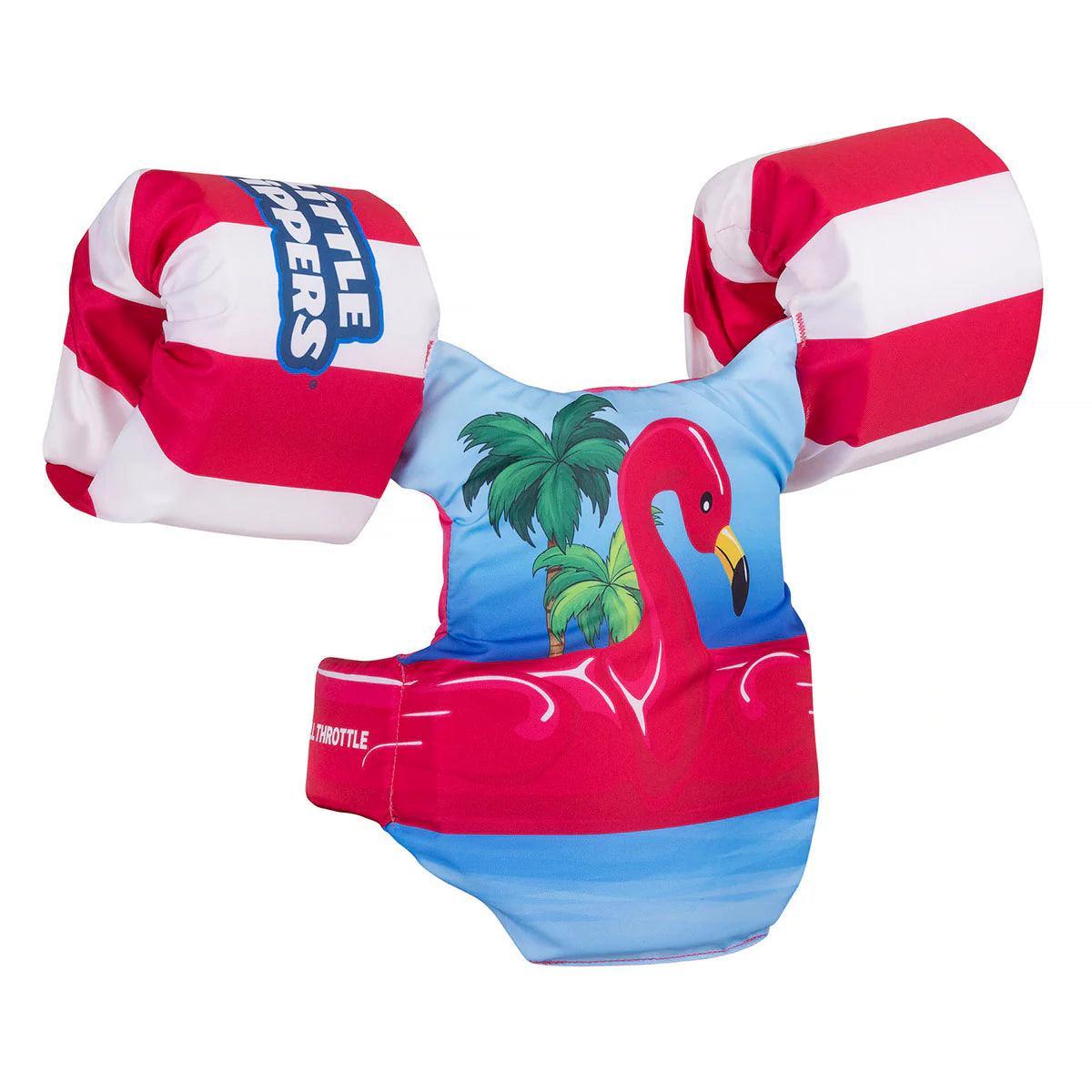 Kids' life jacket with red flamingo, palm trees, and red-white striped floaties.