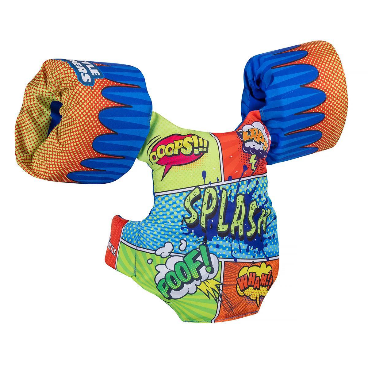 Kids comic-themed life jacket with bright blue, orange, and green colors and cartoon splash text.