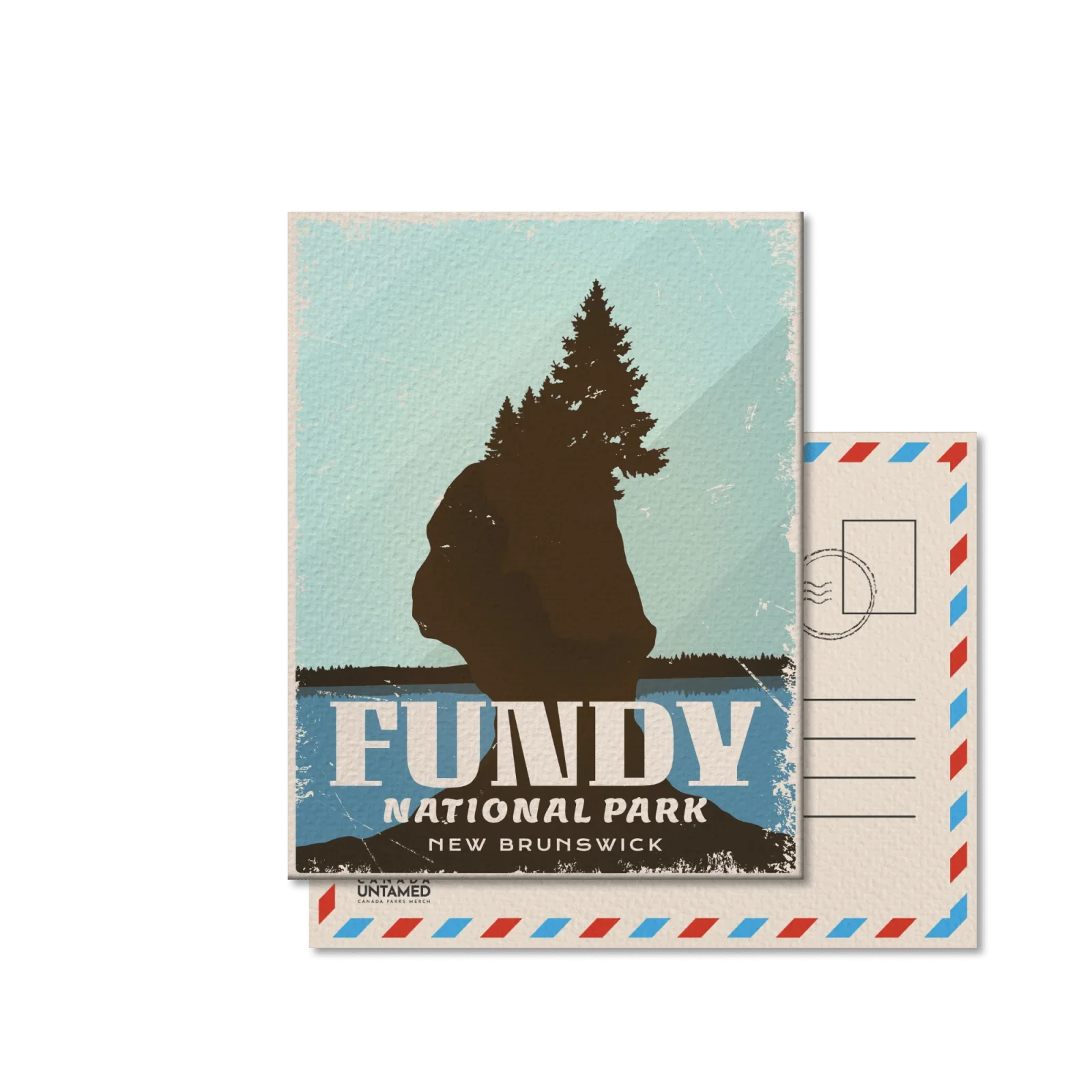 Fundy National Park postcard with Hopewell Rocks silhouette and pine tree, New Brunswick