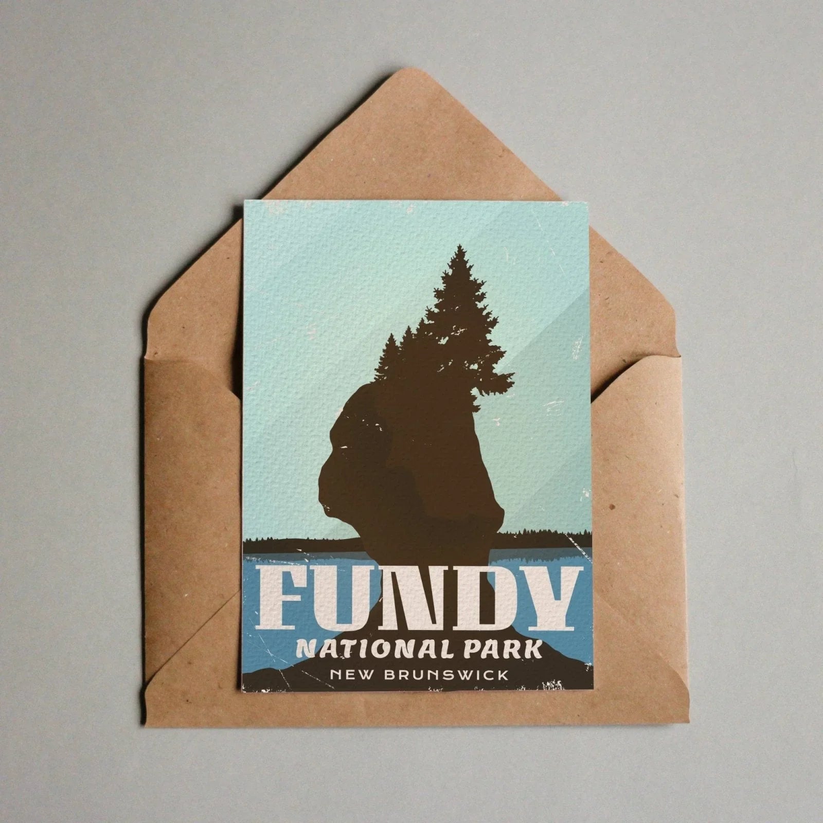 Fundy National Park New Brunswick postcard with rock formation and trees in envelope