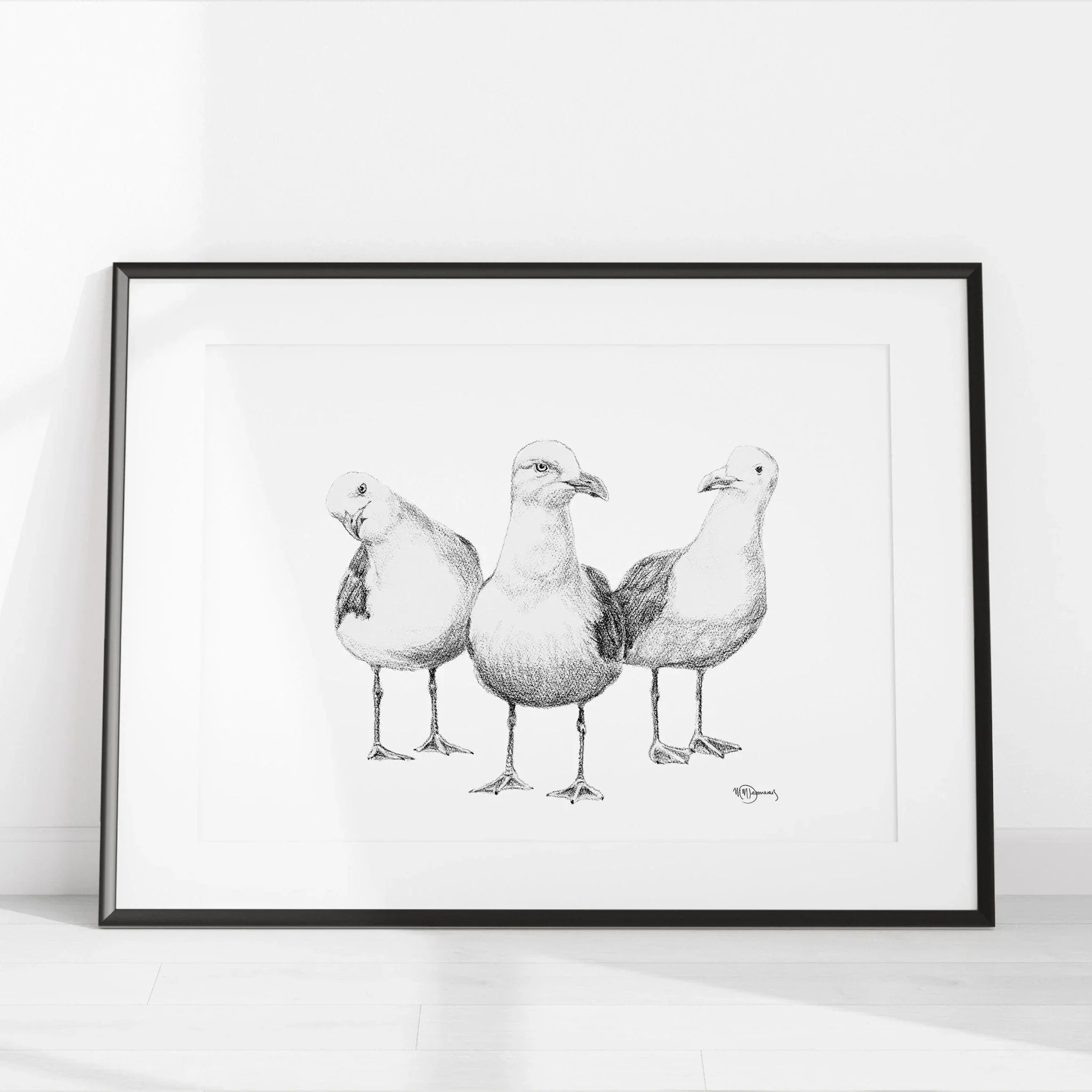 Framed black and white illustration of three funny seagulls standing together