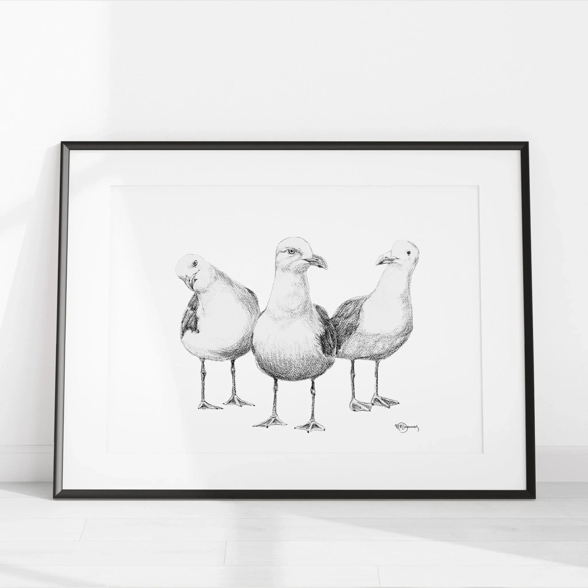 Framed black and white illustration of three funny seagulls standing together