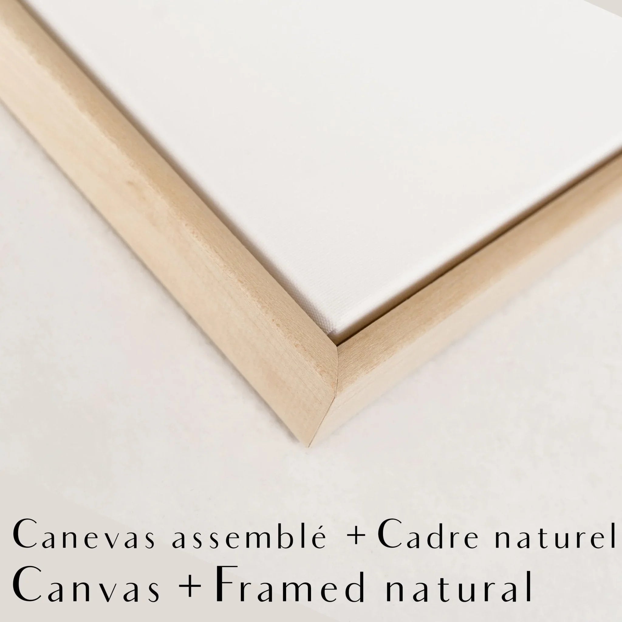 Close-up of a natural wood frame corner with a white canvas, minimalist style
