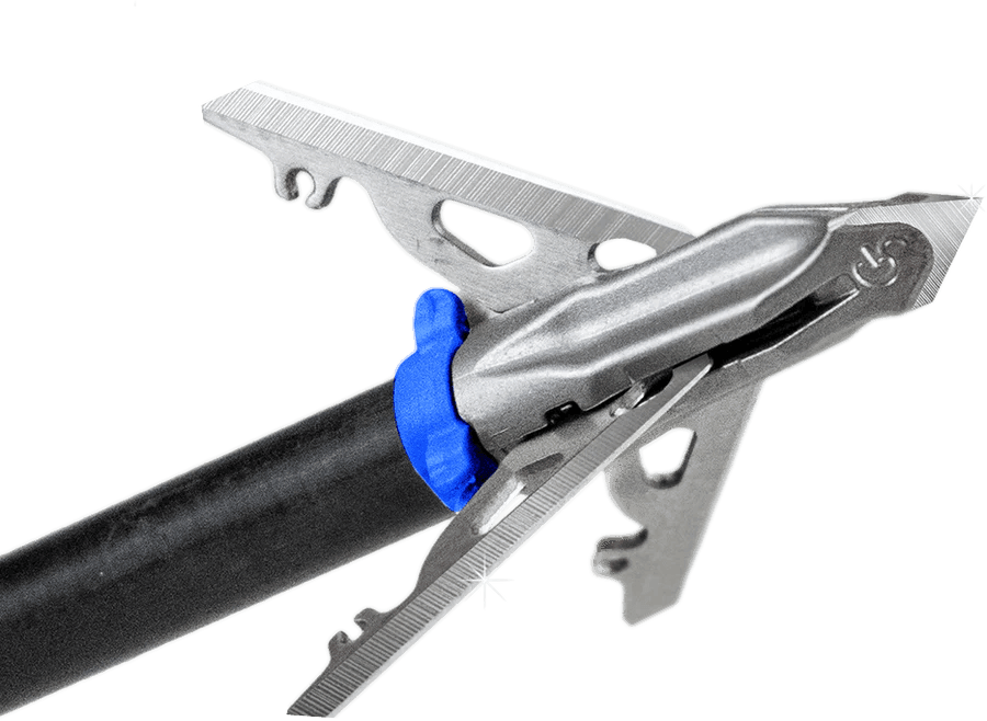 G5 Outdoors Deadmeat V2 broadhead with blue collar on an arrow, metallic blades visible