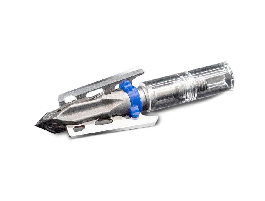 G5 Outdoors Deadmeat V2 Archery Broadhead silver arrow tip with blue ring on white
