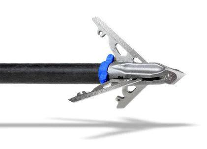 G5 Outdoors Deadmeat V2 broadhead attached to black arrow with steel blades and blue collar