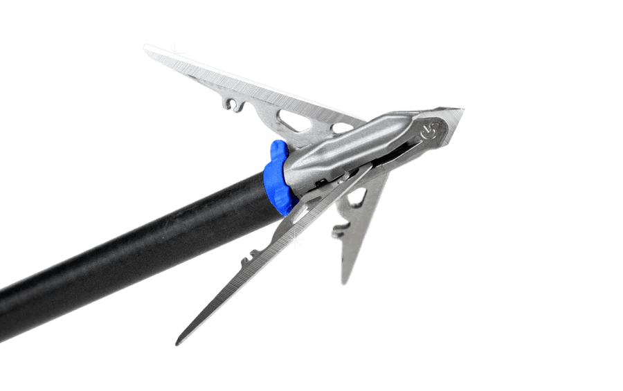 G5 Outdoors Megameat broadhead with blue collar on an arrow shaft, archery hunting gear
