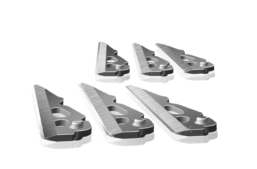 Set of six shiny stainless steel replacement meat slicer blades on a transparent background