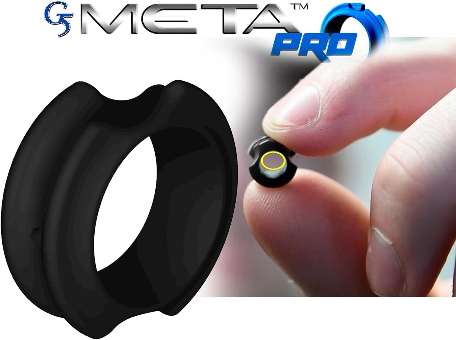 G5 META PRO black bow sight aperture held by hand, archery accessory close-up