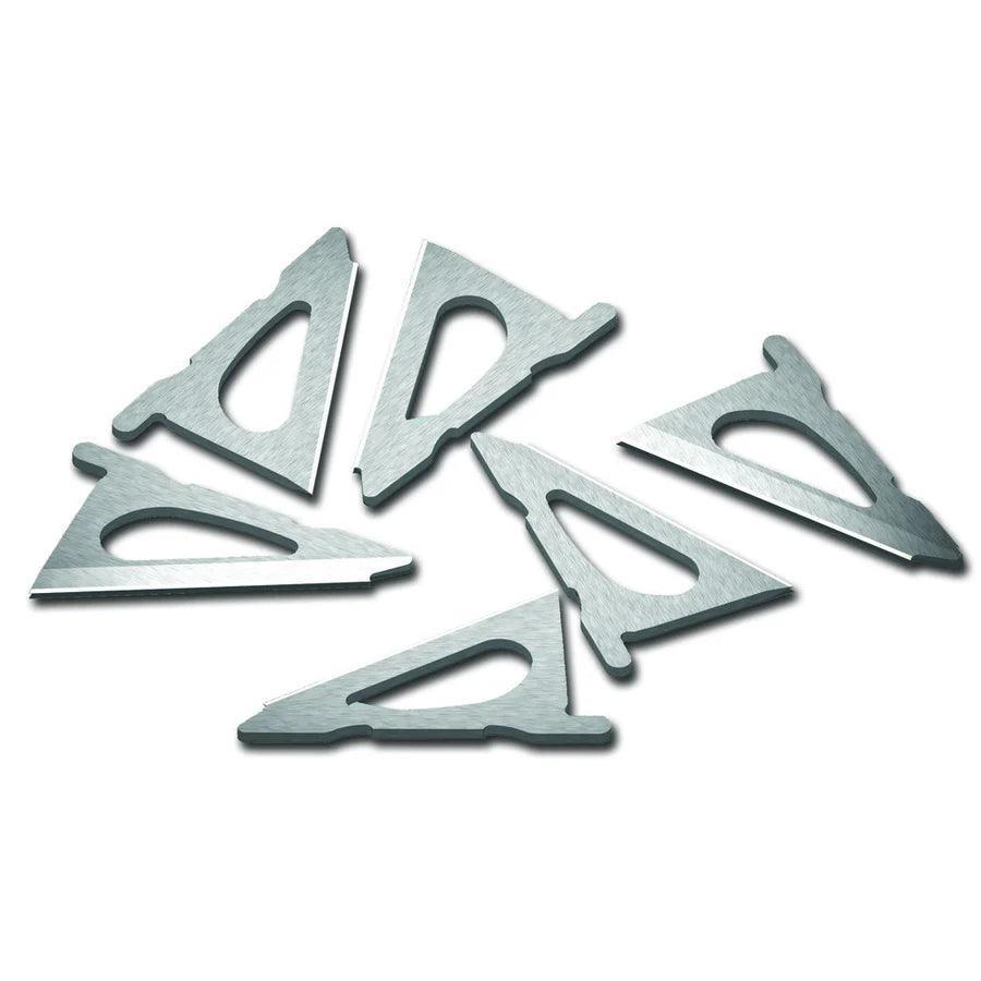 Set of six triangular replacement utility knife blades on white background