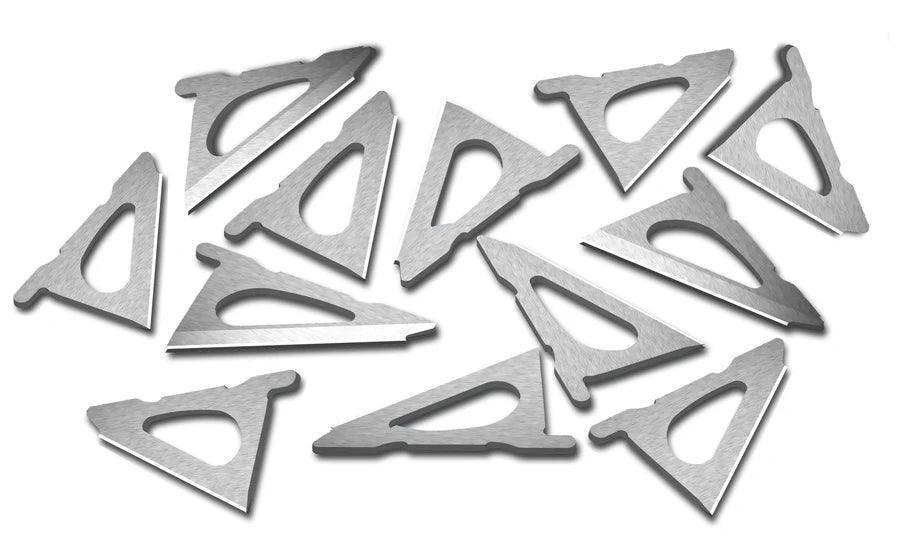 Striker X replacement broadhead blades arranged on a white background, sharp stainless steel