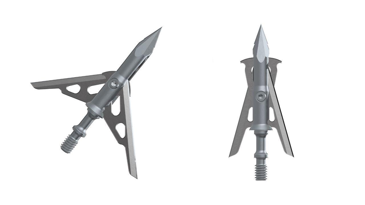 Silver mechanical broadheads with expandable blades, displayed on a white background.