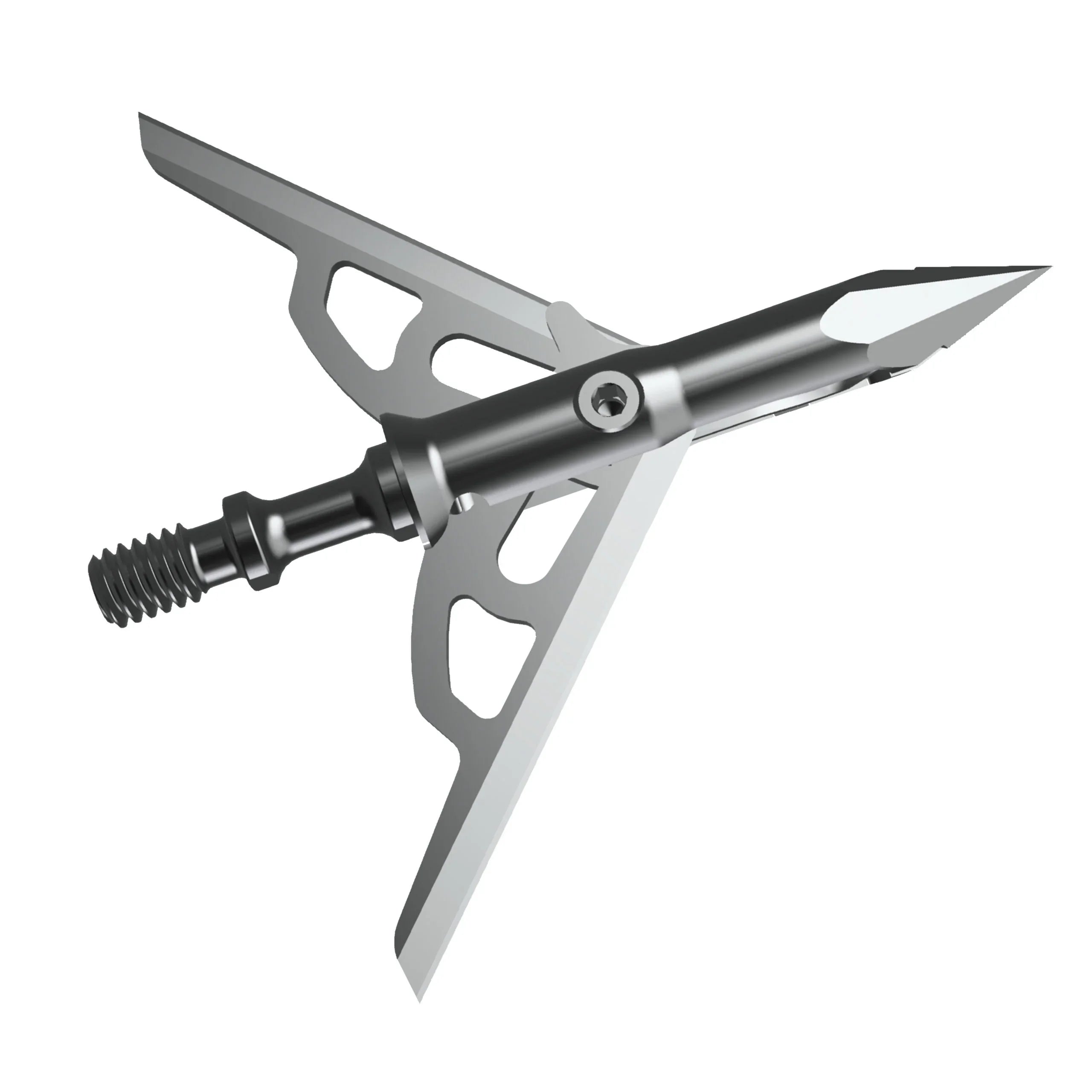 Stainless steel crossbow broadhead with open mechanical blades on white background
