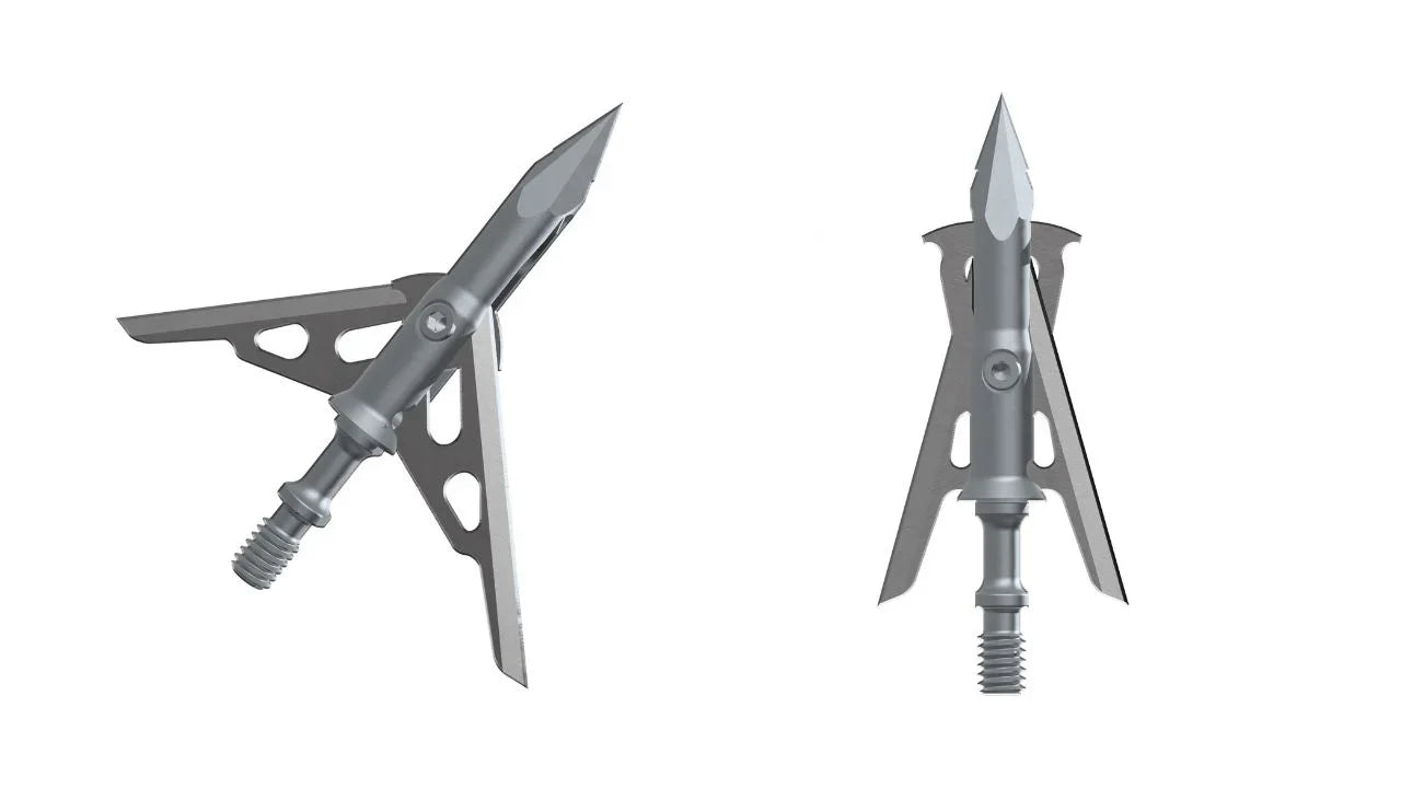 Two silver mechanical broadheads with open blades, shown on a white background.