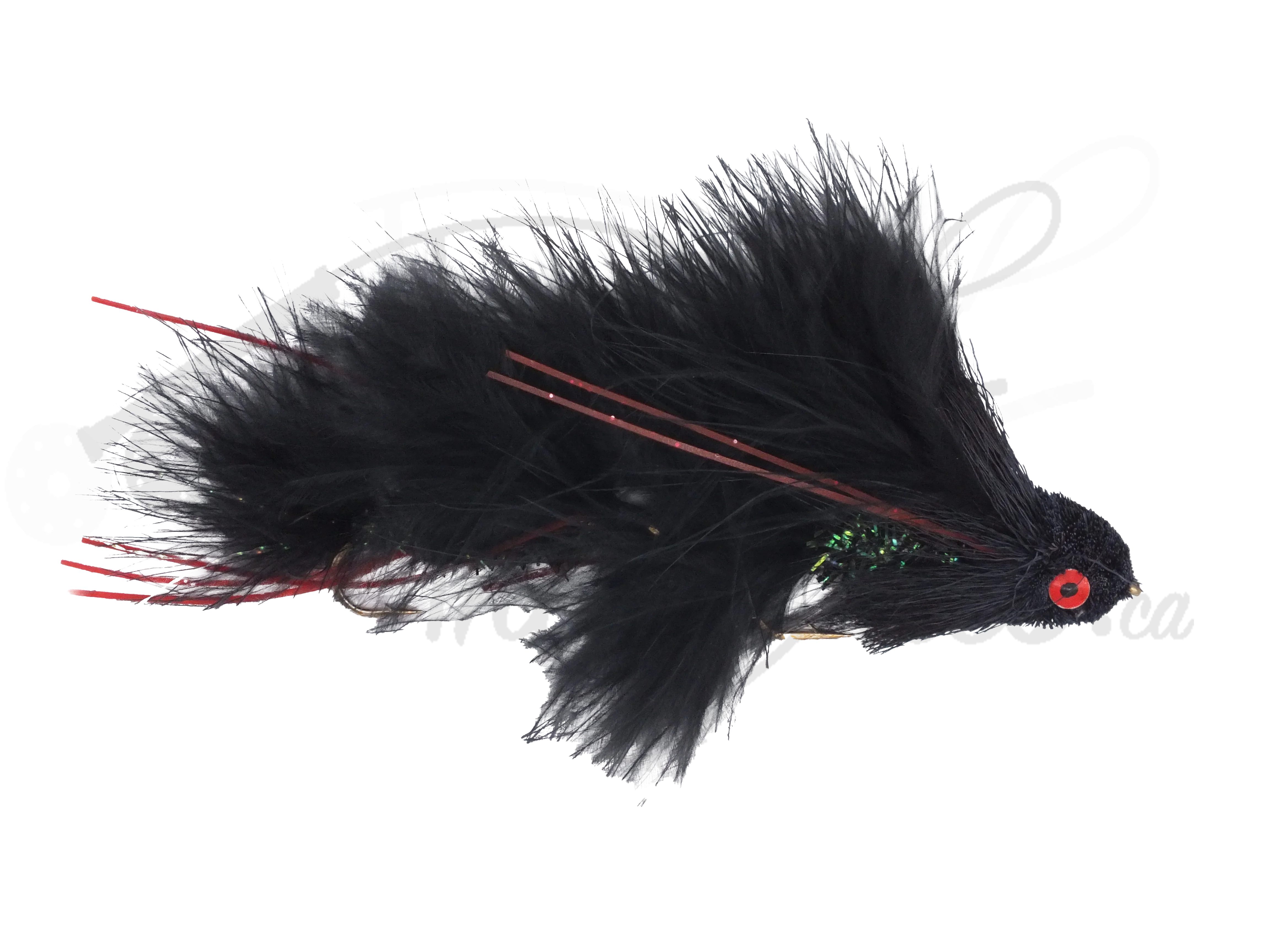 Black streamer fly fishing lure with marabou feathers, red accents, and red eye detail
