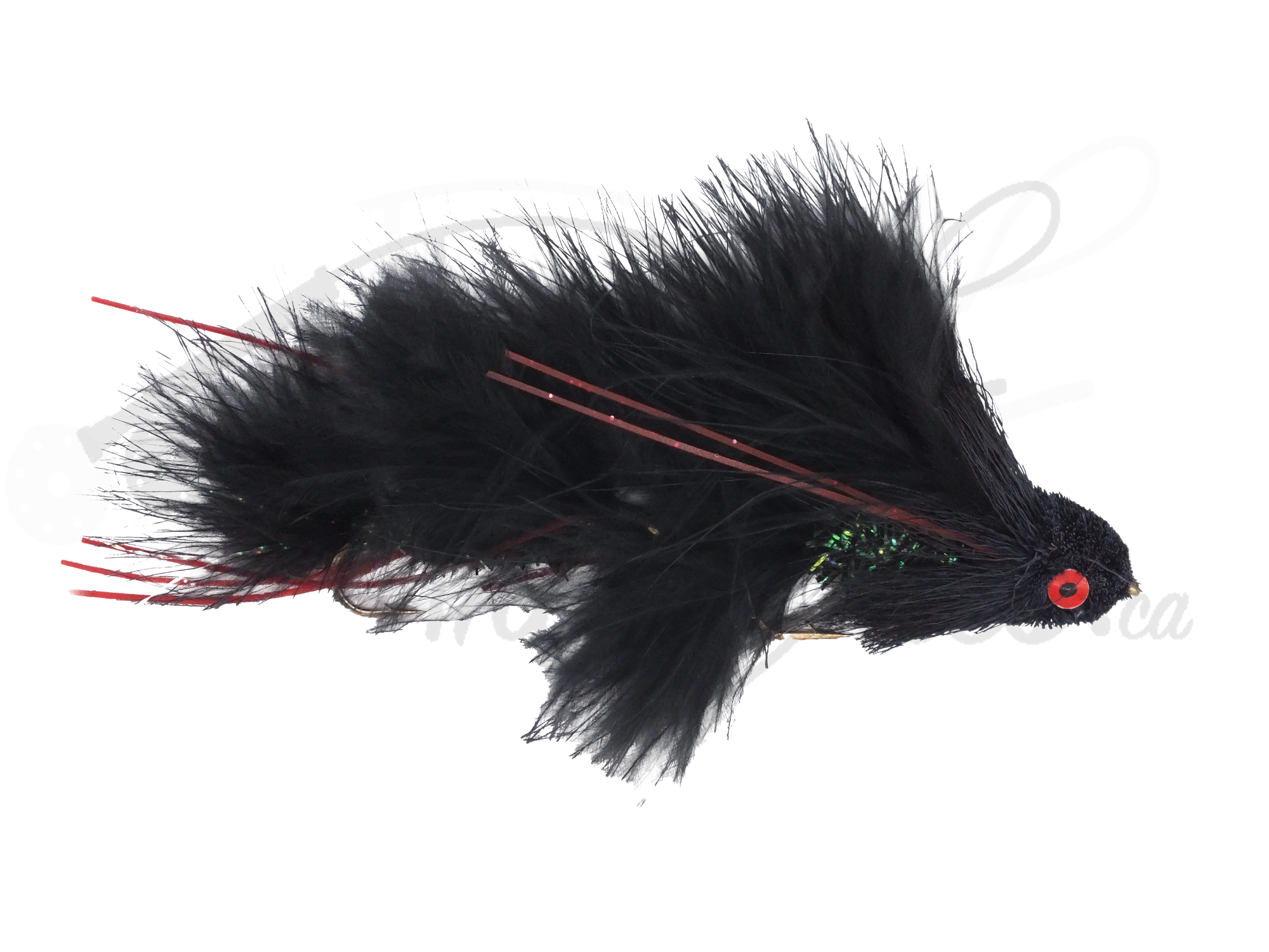 Black streamer fly fishing lure with marabou feathers, red accents, and red eye detail
