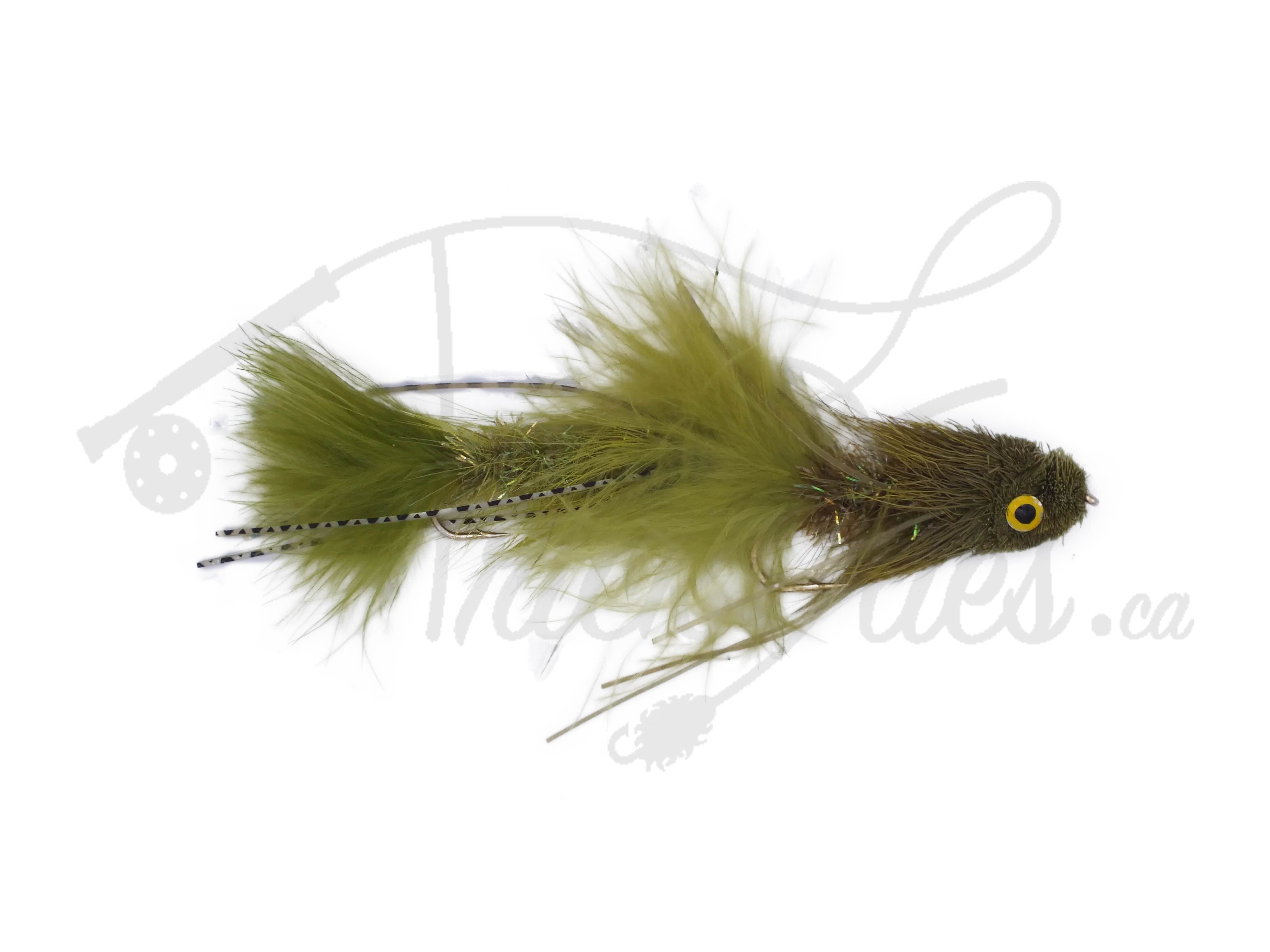 Olive green articulated streamer fly with yellow eyes for fly fishing