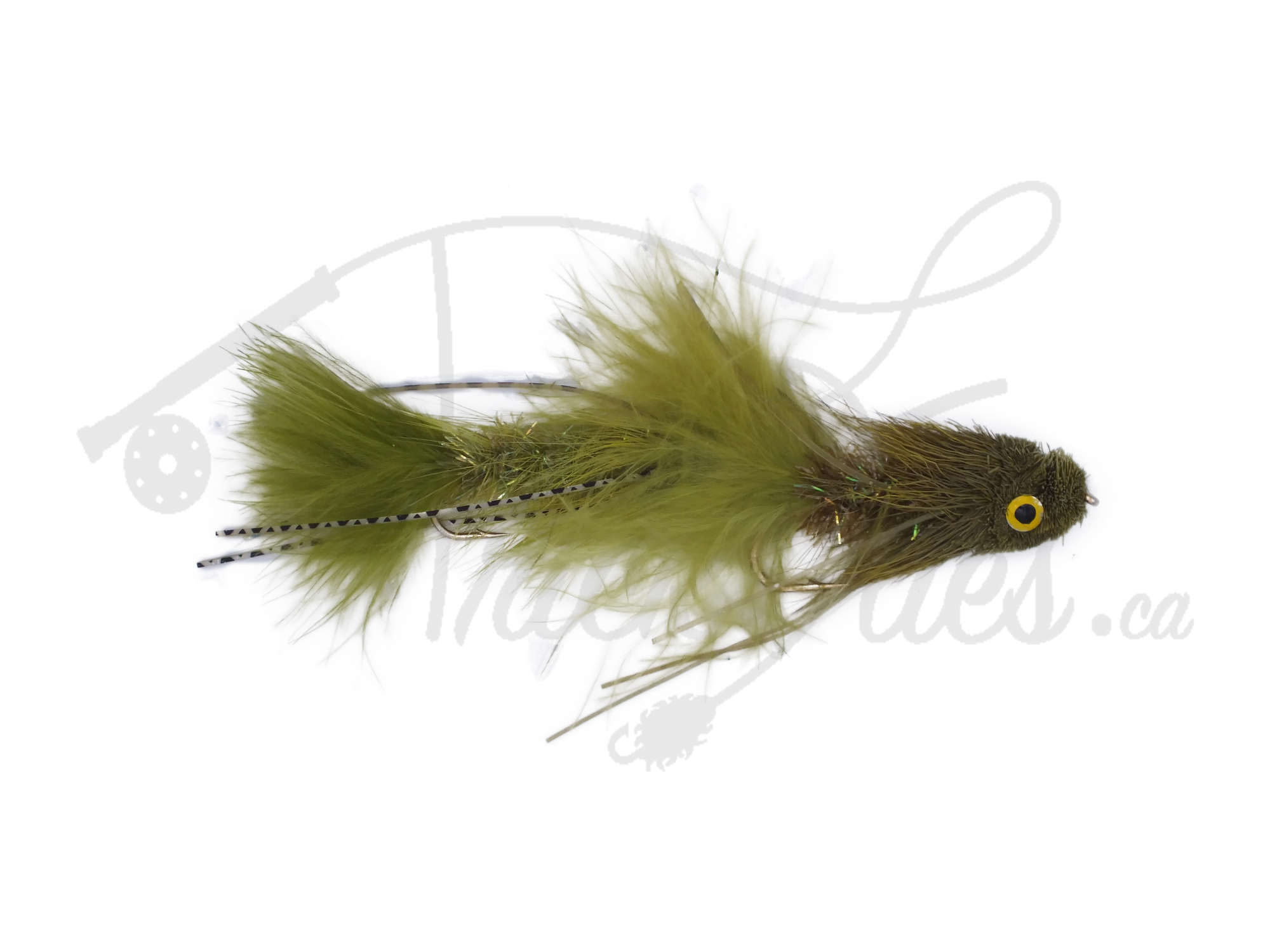 Olive green articulated streamer fly with yellow eyes for fly fishing