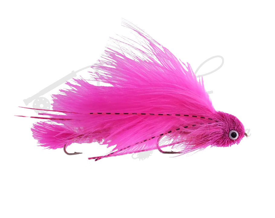 Bright pink streamer fly fishing lure with feather tail, synthetic fibers, and large eye detail