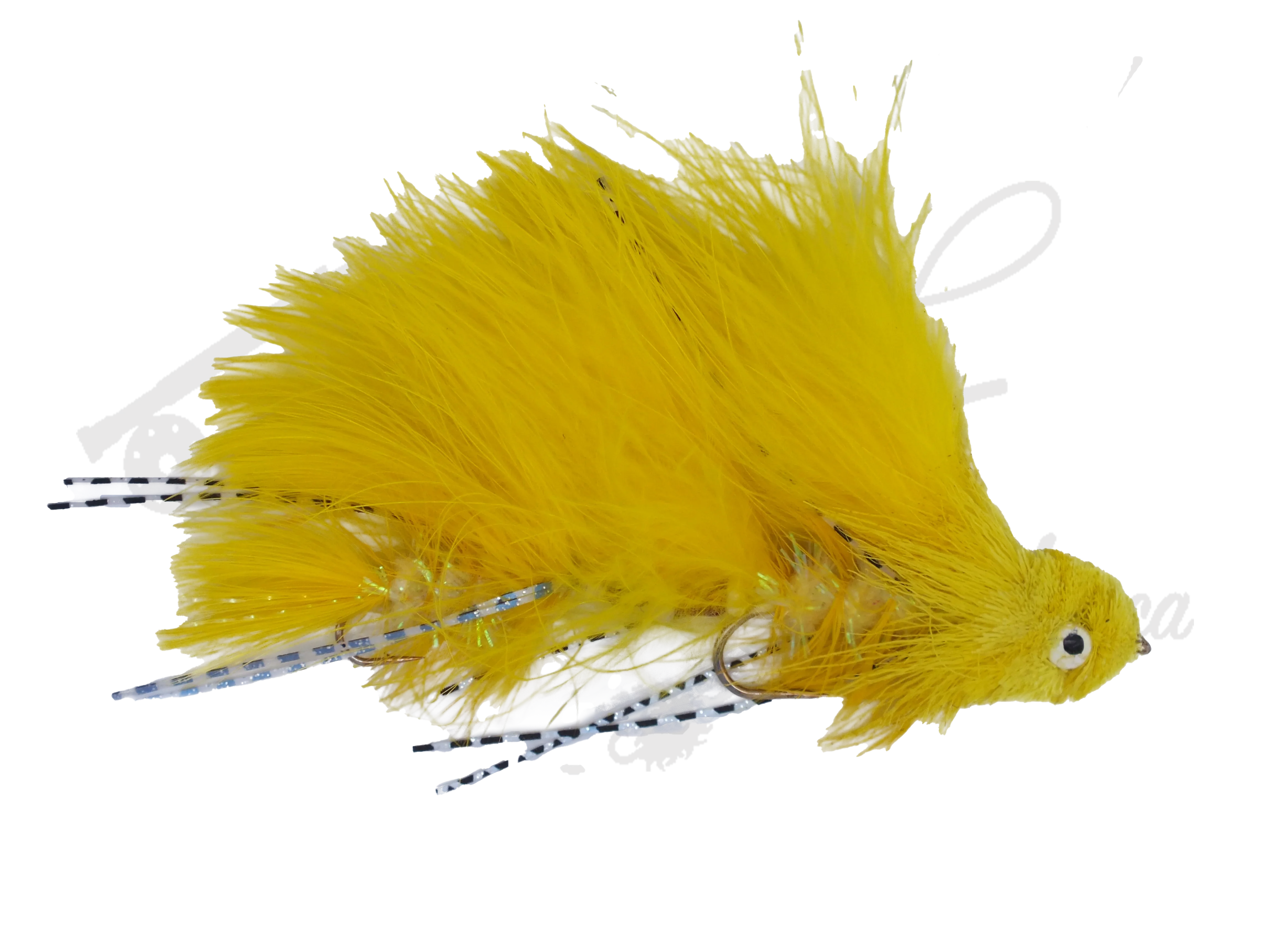 Bright yellow streamer fly fishing lure with feather and synthetic accents on hook