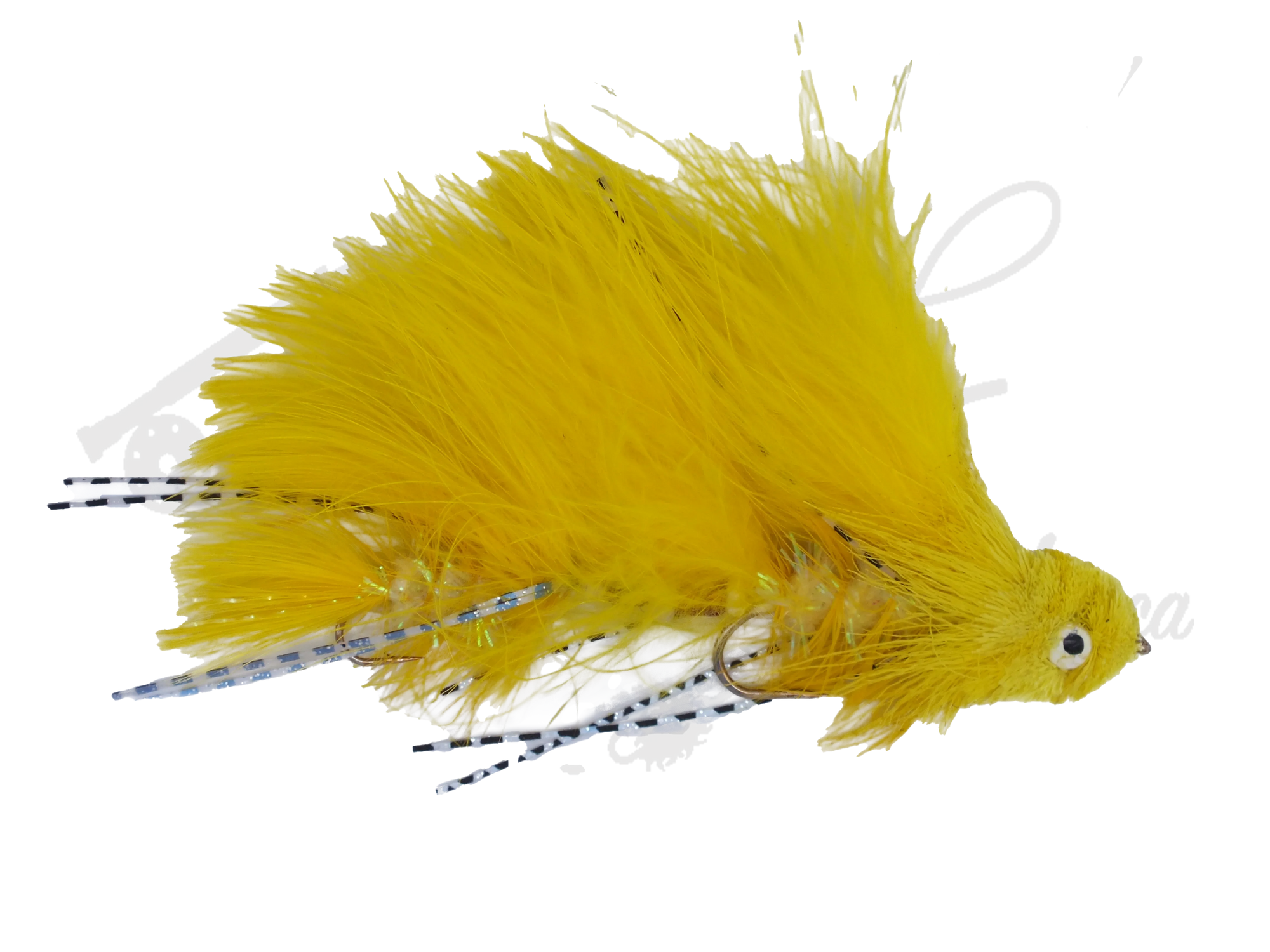 Bright yellow streamer fly fishing lure with feather and synthetic accents on hook