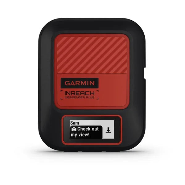Garmin inReach Messenger Plus black and red GPS device with display screen.