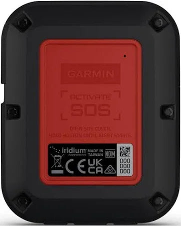 Garmin SOS emergency device back view with Iridium and certification labels