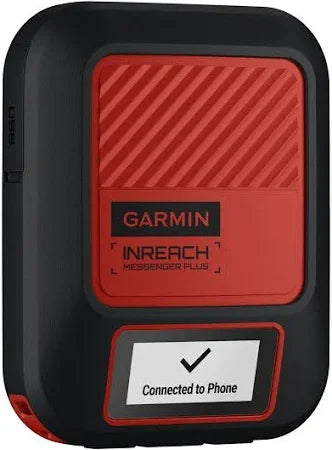 Garmin inReach Messenger Plus device in black and red with 'Connected to Phone' display.