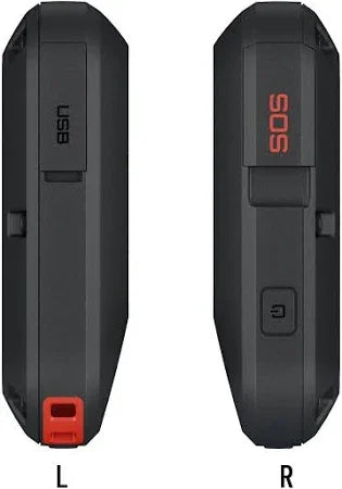 Black portable SOS emergency device with USB port, side view, rugged outdoor design