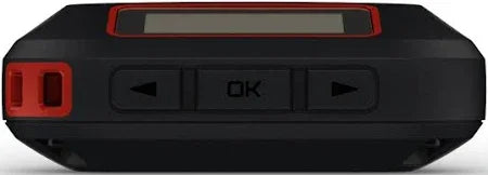 Black and red handheld electronic device with screen and navigation buttons