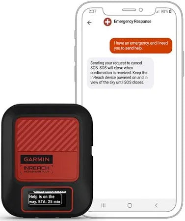 Garmin inReach Mini 2 GPS device next to smartphone with emergency message screen