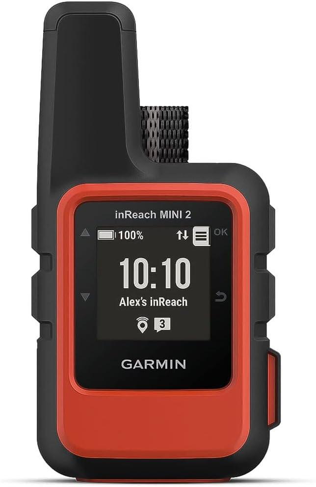 Garmin inReach Mini 2 satellite communicator with red and black casing, front display on.