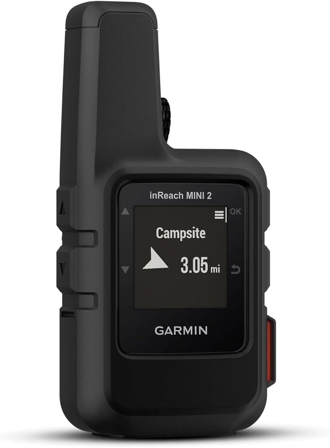 Garmin inReach Mini 2 handheld GPS satellite communicator device showing campsite distance
