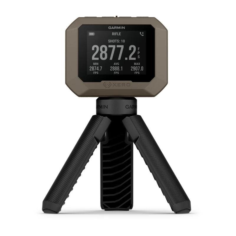 Garmin Xero C1 Pro chronograph on tripod with digital display for rifle ballistic data