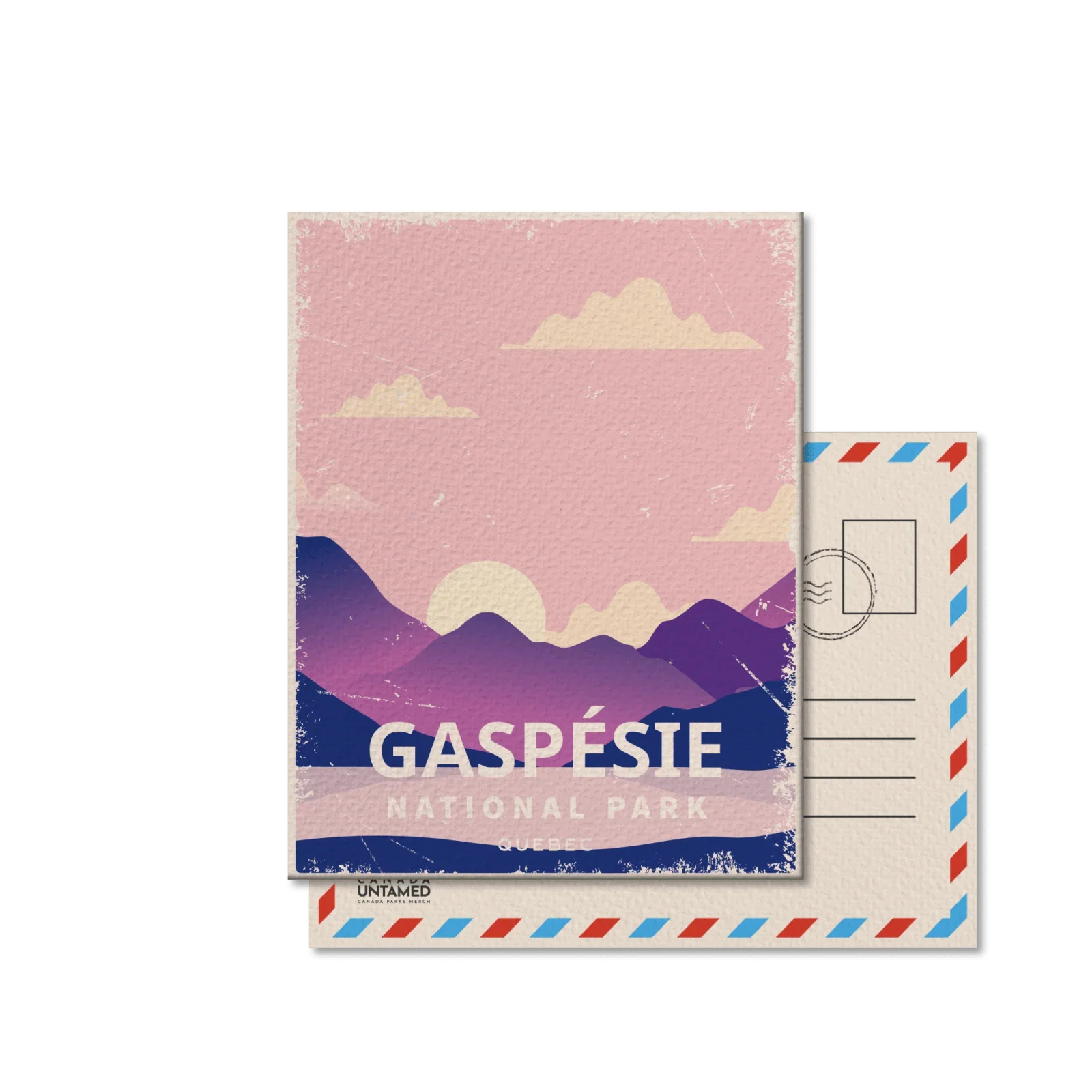 Gaspésie National Park Quebec postcard with purple mountains and pink sky illustration