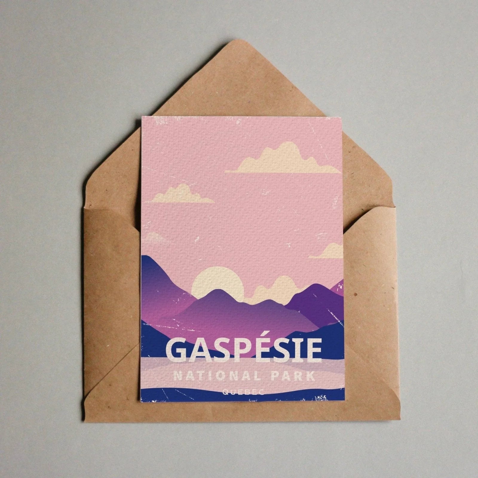 Gaspésie National Park Quebec postcard with pink purple mountain landscape in envelope