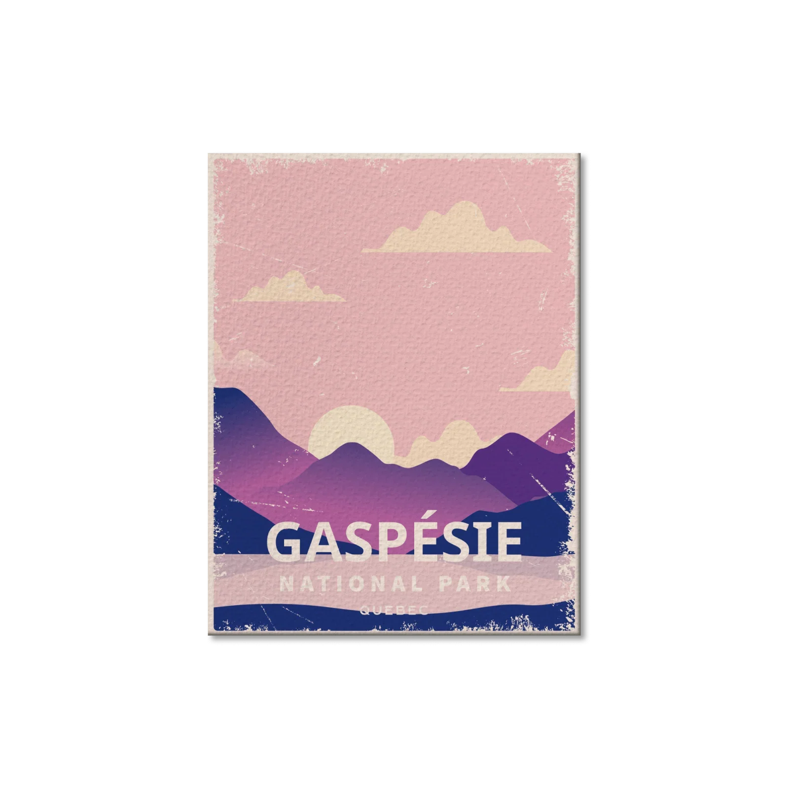 Gaspésie National Park Quebec postcard with pink sky, sun, purple mountains, and clouds