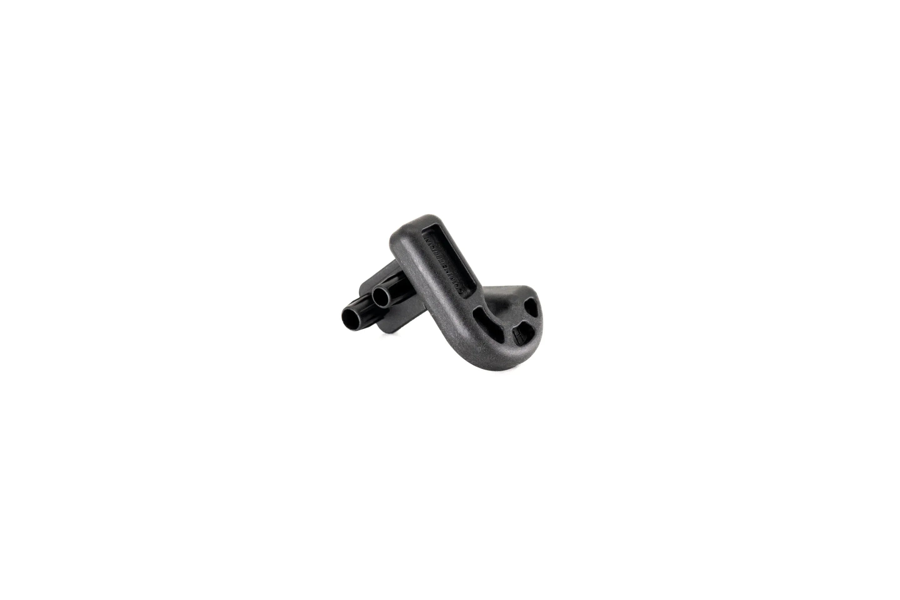 Black plastic hose connector on white background, plumbing fitting accessory